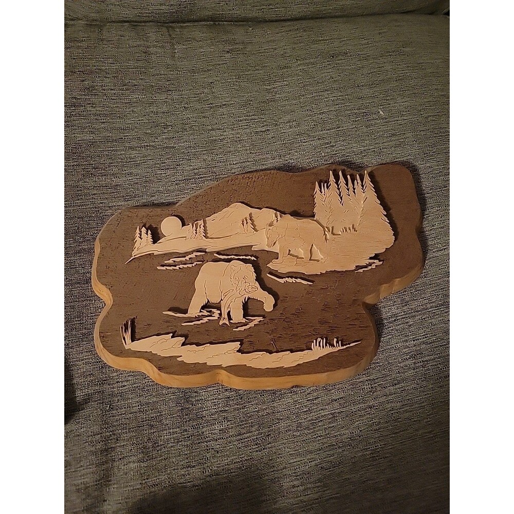Woodcarving Bear Mountain Scene Wall Hanging Art Signed Warren Flanders Vtg